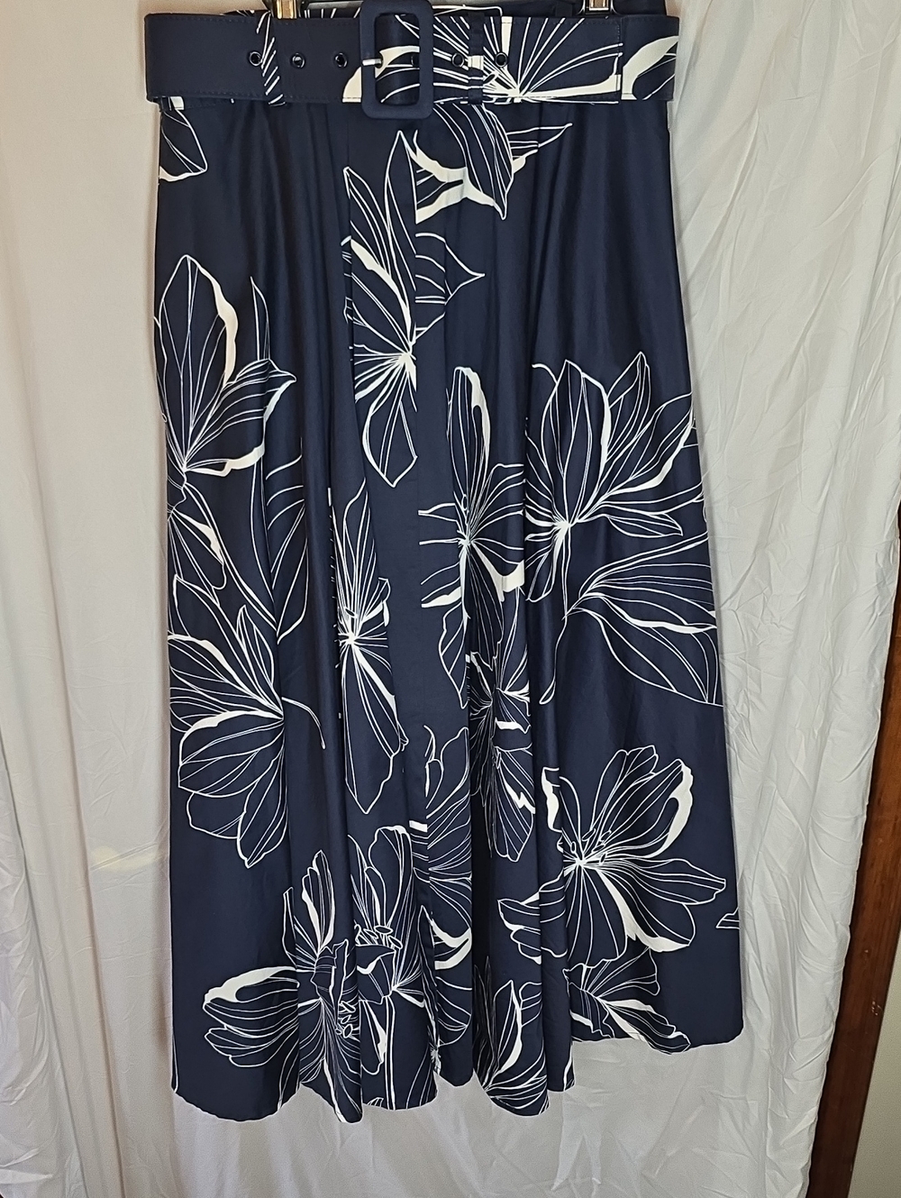 Hutch Navy Blue Midi Skirt with White Floral Print and Belt